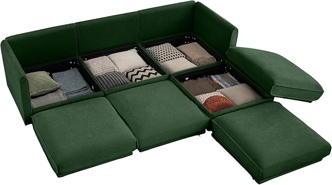 109 inch Cloud Modular 3 Seater Sofa with Storage Ottoman Modern Upholstered Storage Sofa Couch Deep Seat L Shape Sectional Sofa Chenille Comfy Couch for Living Room Apartment Green
