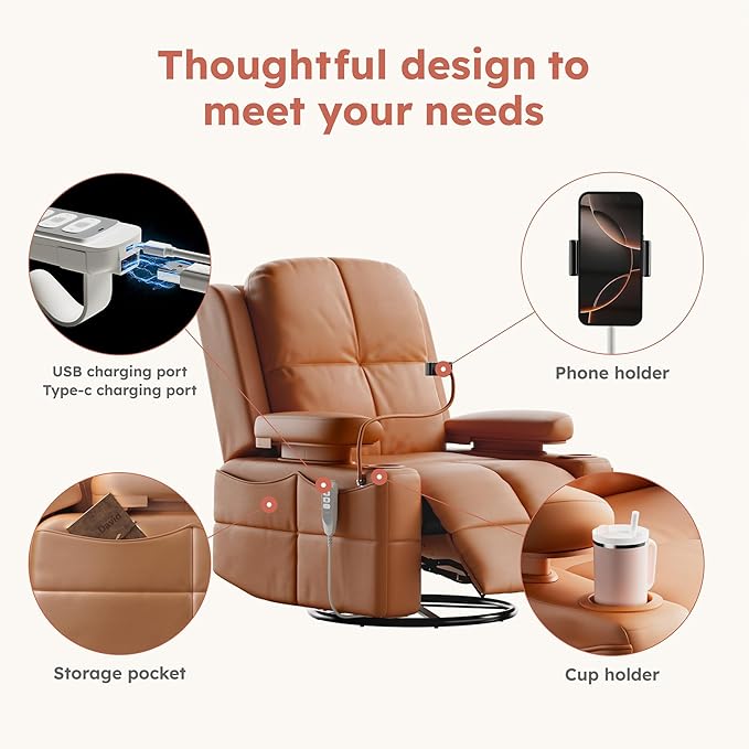 Triple Motor Power Swivel Rocker Recliner Chair with Adjustable Armrests for Adults FSC Certified Faux Leather Rocking Chair for Living Room Brown