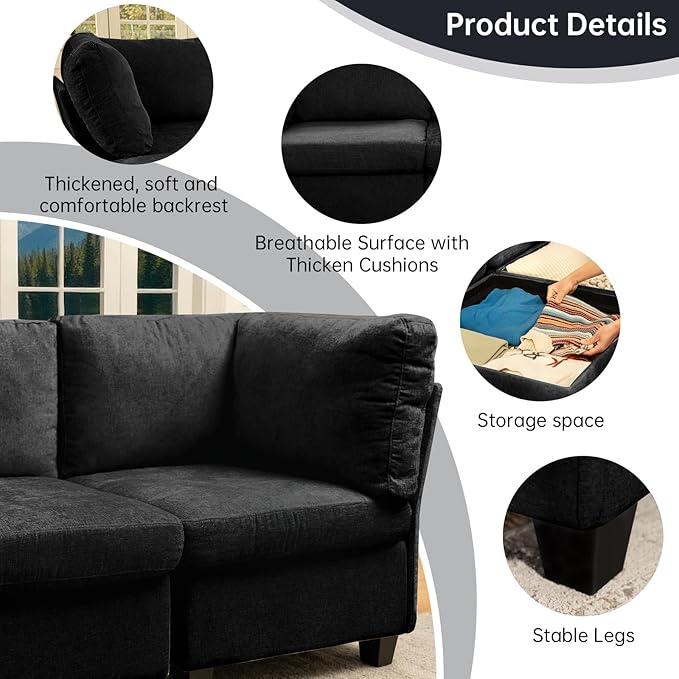 Modern Sofa Modular sectional Cloud Couch with 2 Ottomans 6-seat Chenille deep-seat with Storage and 6 Pillows for Living Rooms bedrooms and Apartments (Black 2Seater+1Ottoman)
