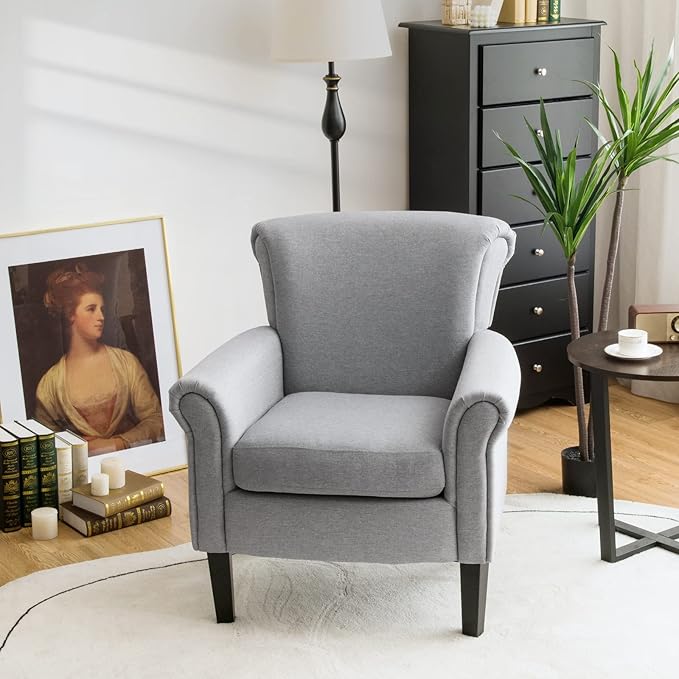 Giantex Modern Fabric Accent Chair Comfy Living Room Chair w/Adjustable Foot Pads Overstuffed Backrest Single Sofa Leisure Chair w/Soft Cushion Bedroom Chair for Reading Nursery Light Gray