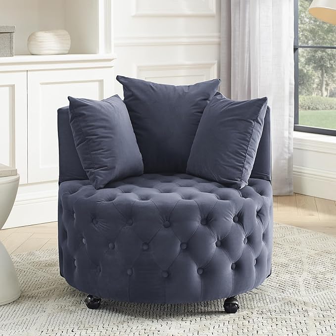 360° Swivel Accent Barrel Chair Velvet Comfy Round Chair with Button Tufted Design &amp 4 Moveable Wheels Upholstered Modern Lounge Reading Chairs for Living Room Bedroom Apartment Clubs(Grey)