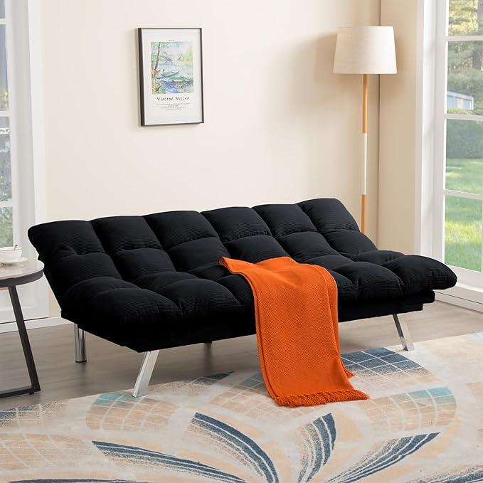 Black Modern Corduroy Convertible Folding Futon Couch Sofa BedArmless Cloud Double Loveseat Sofa Adjustable Backrest for Compact Living Dorm Game Studio Apartment Bedroom