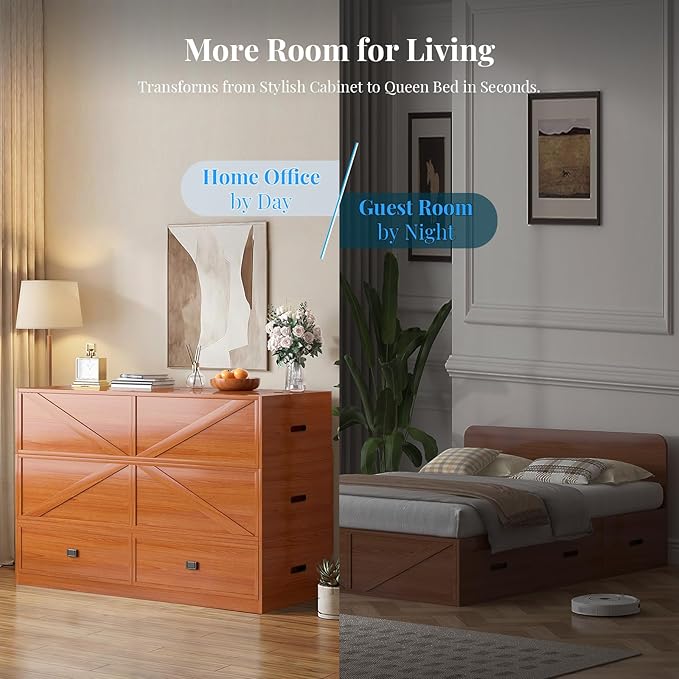 PUREMIND Murphy Bed Full with Mattress Included Wood Cabinet Bed with Dual Storage Drawers &amp 2 Pillows 3-in-1 Convertible Sofa Beds for Small Space Guest Room Home Office Cherry