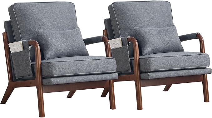 ANJ Mid Century Modern Accent Chair Set of 2 Lounge Reading Armchair with Extra Side Pocket &amp Detachable Cushion Comfy Fabric Accent Chairs for Living Room Bedroom Grey