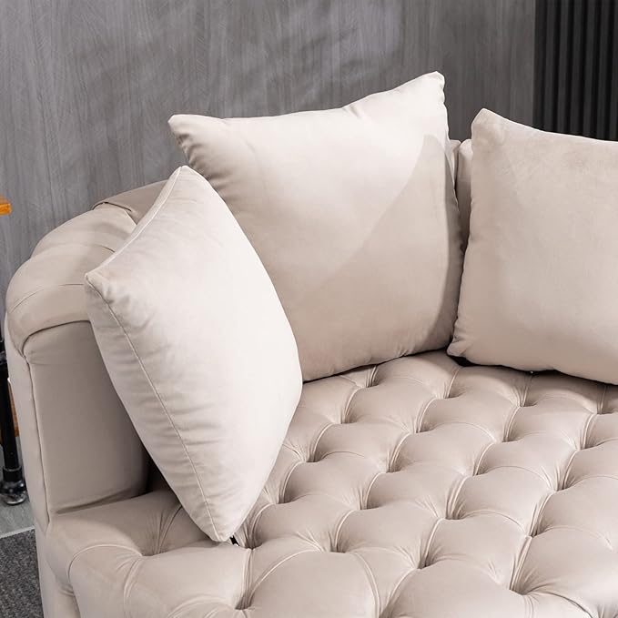 Round Accent Chair 40” Modern Velvet Sofa Chair with 3 Pillows Comfy Upholstered Tufted Club Lounge Chair for Living Room BedroomKhaki