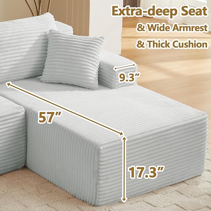 103'' Boneless Cloud Couches for Living Room Corduroy L Shaped Modular Sectional Sofa Couch W/Deep Seat &amp High-Back Comfy Memory Foam Couch Sofa in A Box (Light Grey Right Facing Chaise)