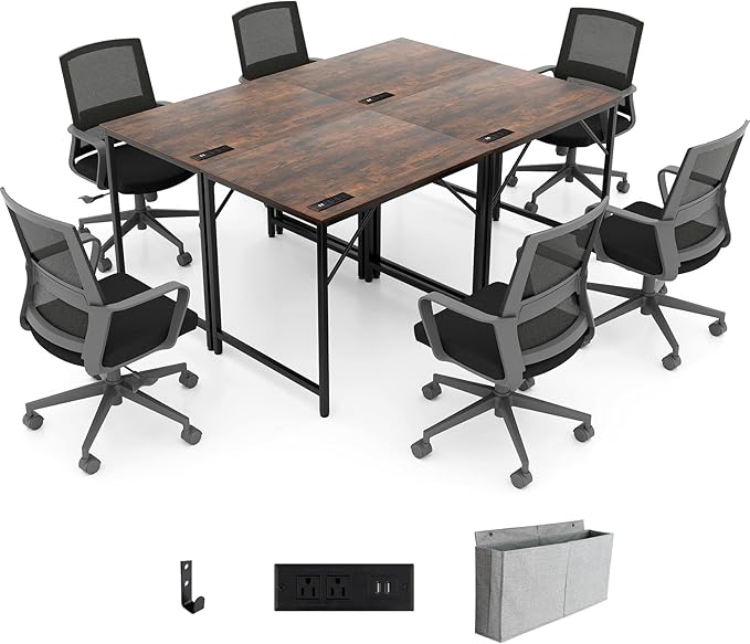 32 Inch Computer Desk Set of 4 Modern Writing Desk with Heavy-Duty Metal Frame Storage Bag &amp Charging Station Rectangular Home Office Workstation Table for Conference Study &amp Meeting Room