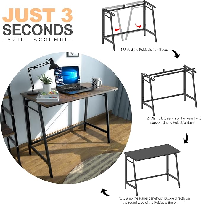 ASTARTH Folding Desk-40 Inch Writing Computer Desk Space Saving Foldable Table Modern Simple Style PC Table Black Metal Frame-Home Office Desk No Assembly Required Rustic Brown