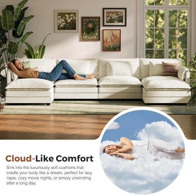 ABCASA Oversized 150 U Shaped Couch Modular Sectional Sofa 6-Seat Comfy Cloud Couch with 4 Pillows Deep Seat Couches for Living Room Bedroom and Apartment Chenille Beige