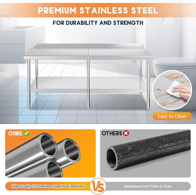 Jocisland 30 x 82 Stainless Steel Table for Prep &amp Work NSF Certified with Backsplash Adjustable Under Shelf &amp Safe Design for Restaurant Home and Outdoor