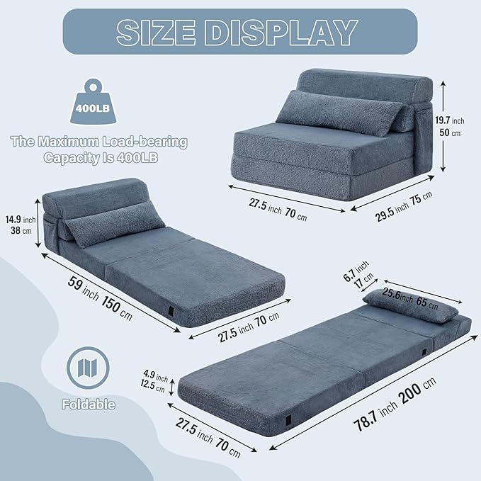 Tiita Convertible Folding Sofa Bed Single Size for Adults with Pillow Plush Fabric Floor Mattress Couch Bed Washable Cover &amp Side Pocket Guest Room Dorm Apartment Living Room Blue Gray