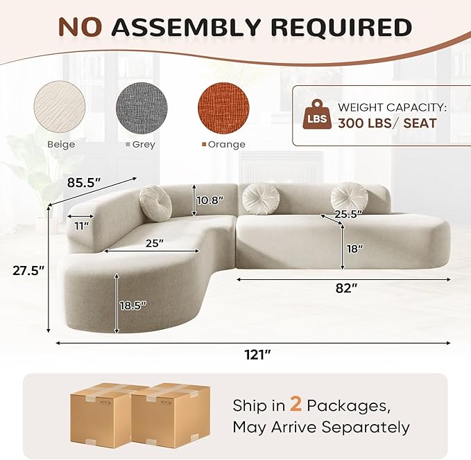 122'' Curved Sectional Cloud Sofa Modern L Shaped Couch with Chaise &amp Pillows Comfy Upholstered Deep Seat Compression Boneless Sofa for Living Room Apatment Office No Assembly Required Beige