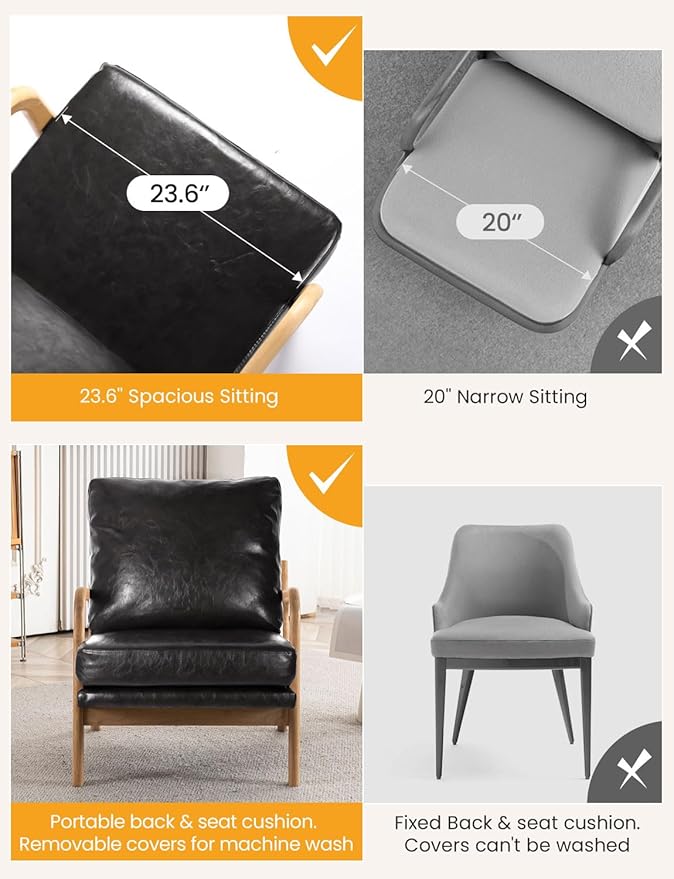Mid Century Modern Accent Chairs for Living Room 23” Wide Comfy Chair for Bedroom Small Cozy Leather Reading Chairs for Adults 108° Lounge Arm Chair Indoor with Detachable Cover 5.5 Foam Cushion