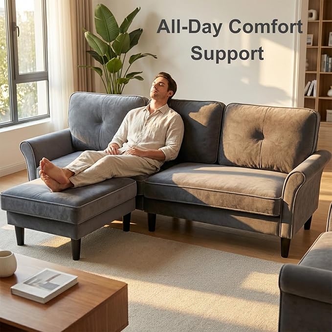 Sofas for Living Room 83 Velvet Sectional Couch with Moveable Ottoman Midcentury Modern Small Sectional Couch L Shape Sofa &amp 2 Seater Couches for Living Room Apartment Bedroom Grey