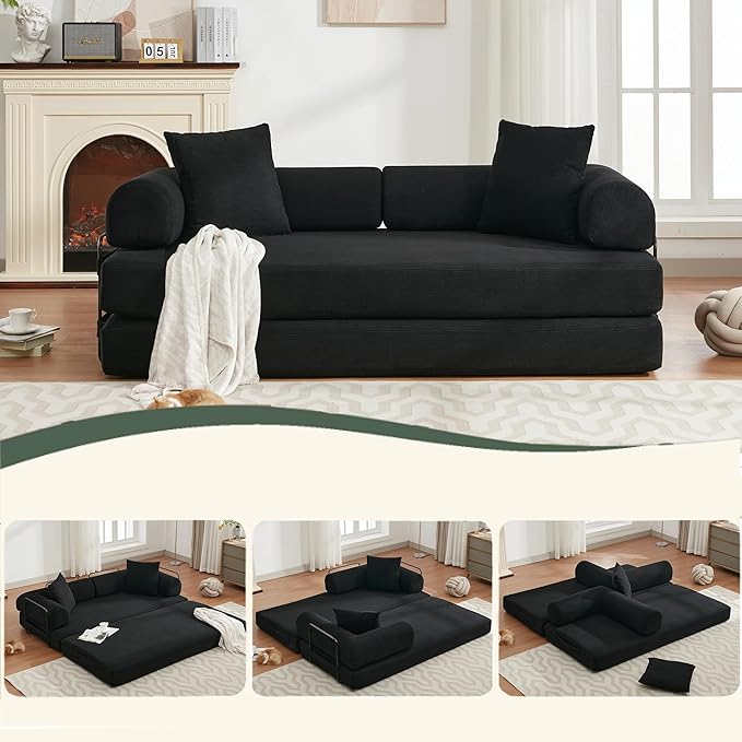 Convertible Floor Sofa Bed with Fixed-Shape Frame Modular Corduroy Folding Mattress Couch with Armrest Floor Sofa Lounge Couch for Living Room Bedroom Lounge Studio-Black