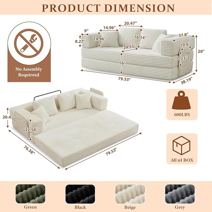 All-in-1 Folding Convertible Sofa Bed Boneless Futon Floor Couch Corduroy Fold Out Modular Lounge Comfy Loveseat Sleeper Lazy Cama for Living Room Bedroom Guestroom Beige（Wide Stripes）