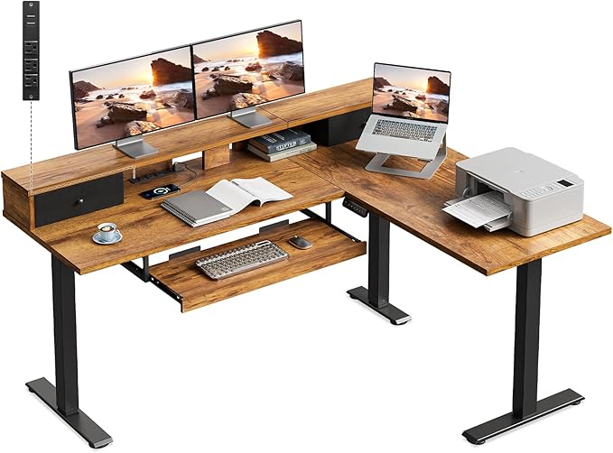 Casaottima 59 Inch Electric L-Shaped Standing Desk with Drawers Height Adjustable Stand Up Corner Desk with Monitor Stand &amp Keyboard Tray Lift Table for Home Office Workstation Rustic Brown