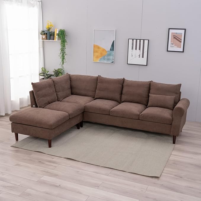 Panana Upholstered Sofa Couch Linen Fabric/Artificial Leather L Shaped Corner Sectional Modern Living Room Sofa (Brown Linen 6 seat Left Corner with Built-in USB Port)