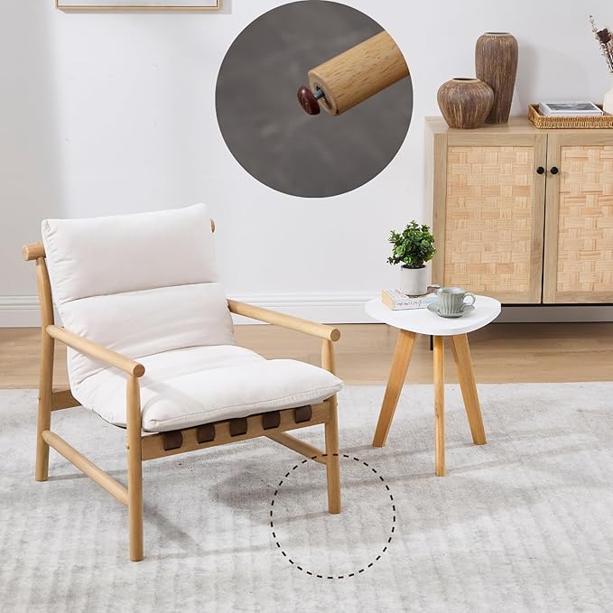 Modern Accent Chair Upholstered Armchair - Solid Wood Lounge Chair with Removable Cushion Low Back Reading Chair for Living Room/Bedroom/Balcony Chenille Sofa Chair (Easy Assembly)Off White