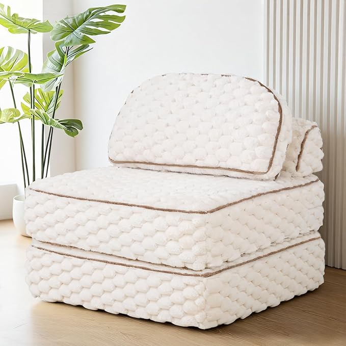 Folding Sofa Bed 3-in-1 Convertible Sleeper Chairs with PillowBack Support Fuzzy Fabric Floor Couch Bed for Adults Boneless Couches Living Room Bedroom ApartmentBeige