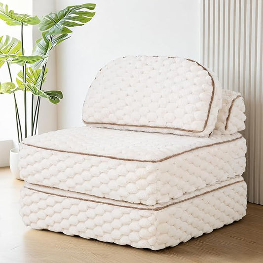 Folding Sofa Bed 3-in-1 Convertible Sleeper Chairs with PillowBack Support Fuzzy Fabric Floor Couch Bed for Adults Boneless Couches Living Room Bedroom ApartmentBeige