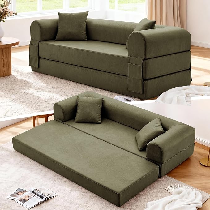Convertible Folding Sofa Bed78.5 Inch Faux Leather Futon Couch with Pillows &amp Storage Pocket5-in-1 Queen Sleeper Sofa in a Box with Pull Out BedBoneless Couch for Living Room BedroomGreen