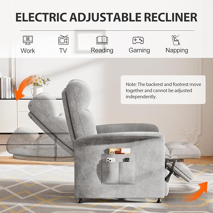 Electric Power Recliner Chair with Heat &amp Vibration Massage Overstuffed Fabric Sofa with Remote Control for Living Room Bedroom Easy Assembly Light Grey