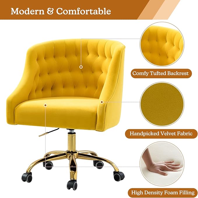 Velvet Home Office Chair with Gold Base Comfortable Modern Cute Desk Chair Adjustable Swivel Task Chair for Living Room Bedroom Vanity Study Yellow