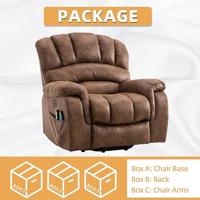 Large Electric Power Lift Chairs Recliners for Elderly Big Man with Massage and Heat Oversized Wide Reclining Chairs for Living Room with 2 Remote Controls/USB Ports/Side Pockets(Brown)