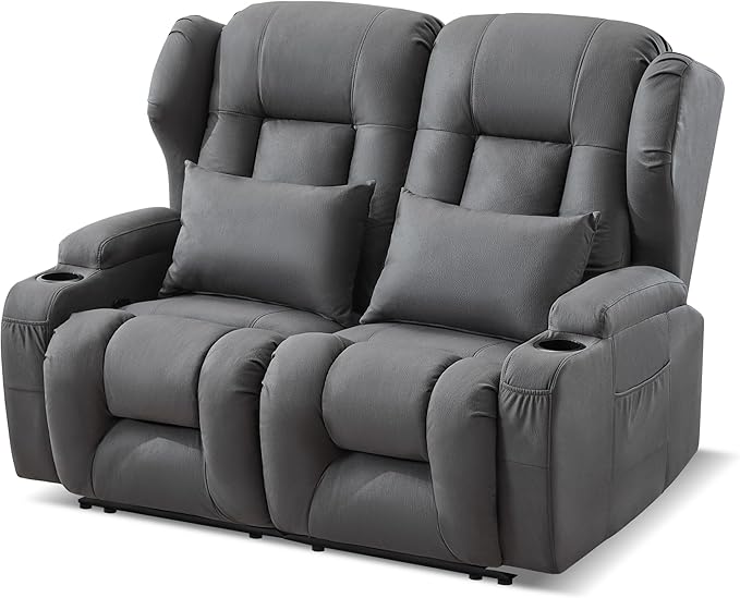 BINGTOO Manual Double Loveseat Recliner Sofa 2-Seater RV Wall Hugger Couch for Living Room &amp Home Theater with Cup Holders/Side Pockets/Lumbar Pillows Fabric Dark Gray
