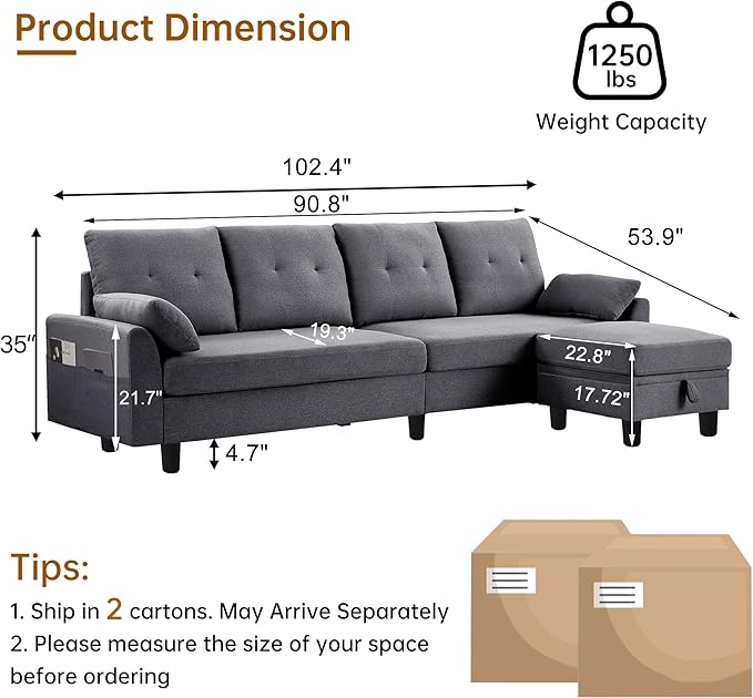 Convertible Sectional Sofa Couch 102 L Shaped Couch with Storage Ottoman and Side Pocket Modern Polyester 4-Seat Reversible Sofa Set for Living Room Light Grey