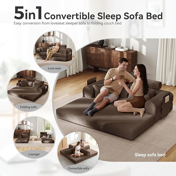 79'' Upgrade High Backrest Sofa Bed with Fixed Frame Removable Armrests &amp Backrest Corduroy Fabric Convertible Couch for Small Spaces No Assembly Needed (High Backrest Brown)