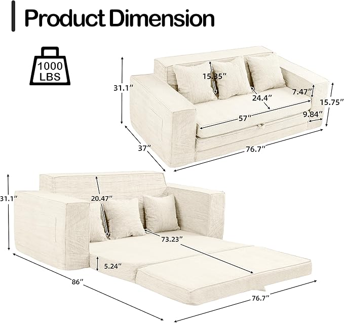 HOMREST 76 Convertible 3-Seat Sleeper Sofa Pull Out Sofa Bed 2 in 1 Folding Floor Sofa Oversized Corduroy Upholstered Boneless Couch with 3 Pillows for Living Room Bedroom (Beige)