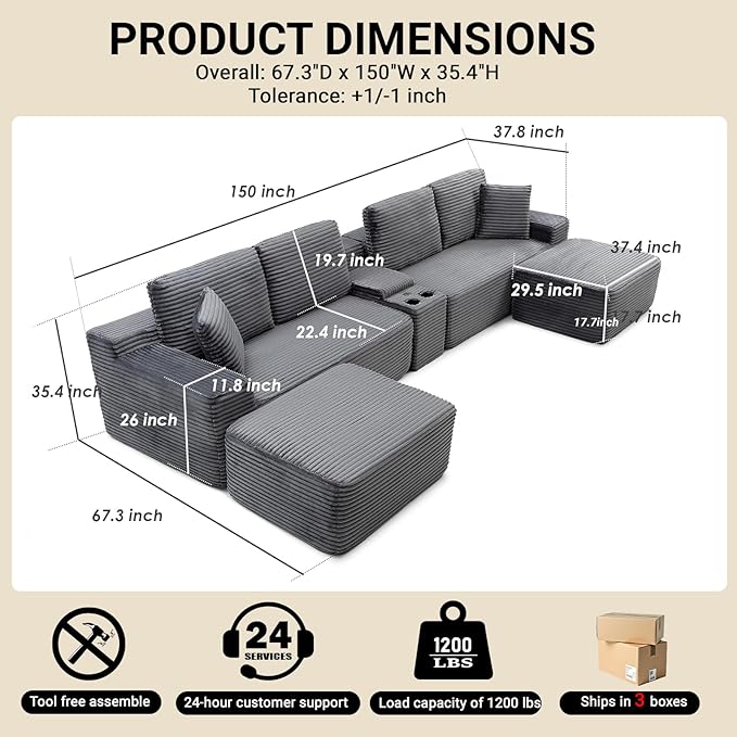 151 U-Shaped Sectional Couch 6-Seater Oversized Modular Sectional Sofa with USB Port &amp Storge Console Modern Corduroy Boneless Cloud Couch for Living Room No Assembly RequiredGray