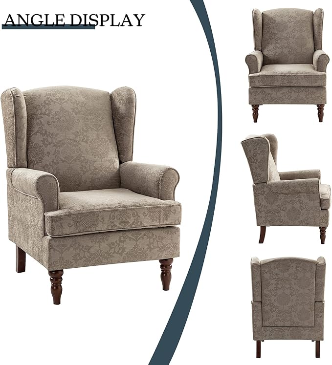 HULALA HOME Wingback Accent Chair with Retro Wood Legs Traditional Fabric Armchair for Living Room Bedroom Comfy Upholstered Single Sofa Chair Reading Chair with Unique Pattern Design Brocade