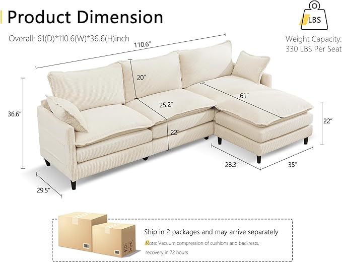 DRMBOOK 110.6'' L Shaped Modular Sectional Cloud Couch Comfy Upholstered 3 Seater Sofa Modern Deep Seat Modular Sofa Couches with Ottoman for Living Room (Corduroy Cream Beige 3 Seat+1 Ottoman)