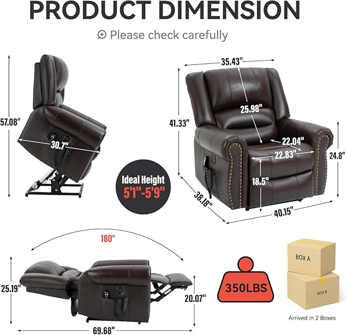 Genuine Leather Power Lift Recliner Chair Lazy Boy Recliner Chair with Charging Ports for Living Room Theater Seating Electric Single Sofa with Round Armrest Dark Brown