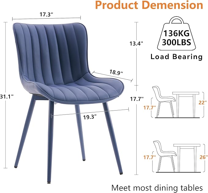 YOUNUOKE Mid-Century Modern Dining Chairs Set of 2 Navy Blue PU Leather Upholstered Kitchen Chairs with Navy Blue Metal Legs Armless Accent Chair for Dining Room Guest Reception Room