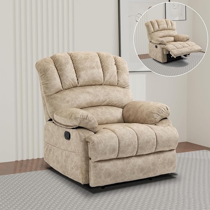Large Lazy Recliner Chair for Adult Comfortable Manual Single Recliner Sofa Oversized Reclining Chair Upholstered Soft Fabric Living Room Recliner Sofa Chair for Living Room Bedroom (Beige)