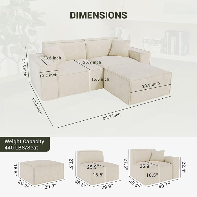 Cloud Modular Sectional Sofa Boneless Couch Sectional Couches with Deep Seat 2 Seater L Shape Couch for Living Room Chenille Memory Foam Sofas No Assembly RequiredCream White