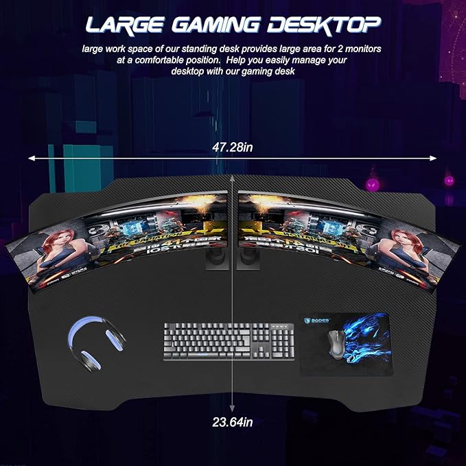 Gaming Desk 47 Inch Z-Shaped Computer Desk Modern Ergonomic PC Computer Table Home Office Desk Racing Style Gaming Workstation with Headphone Hook Blue