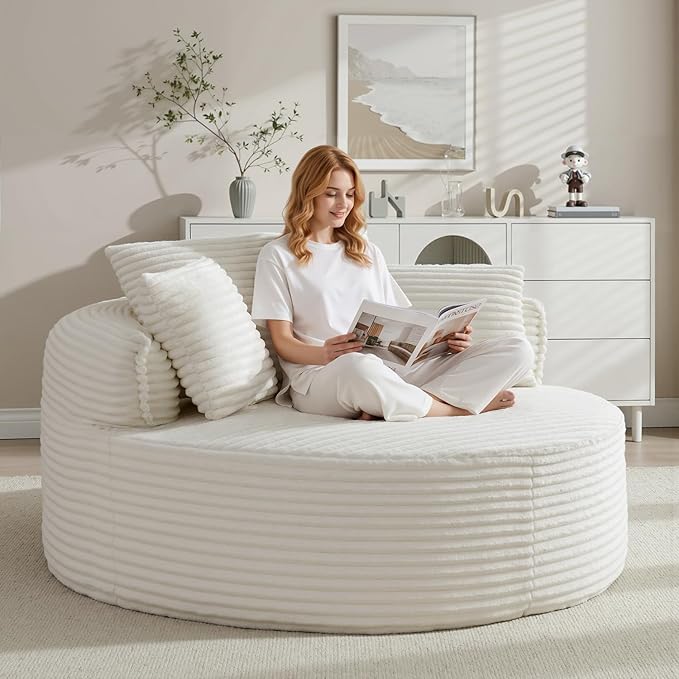 Oversized Round Lounge Chair Indoor Corduroy Upholstered Deep Seat Cloud Circle Sofa Chair Fluffy Boneless Sleeper Chair for Reading &amp Lounging No Assembly Required (Beige)