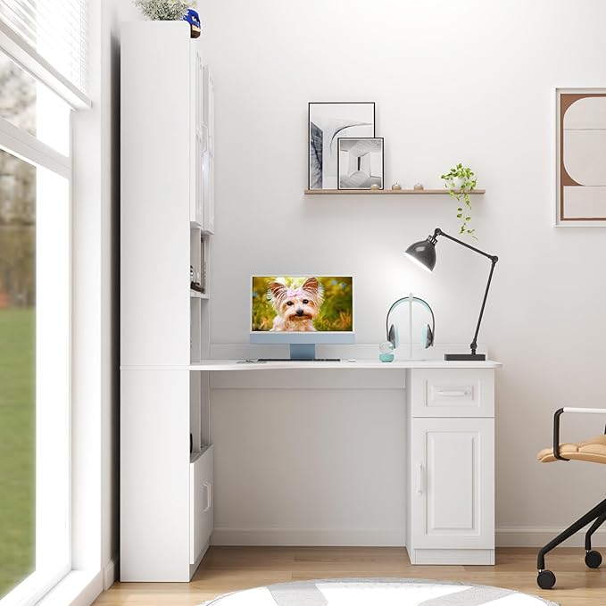 L-Shaped Corner Computer Desk for Home Office 52'' Writing Study Desk with Drawer &amp Bookshelf &amp Hutch Corner Gaming Computer Desk with Storage White