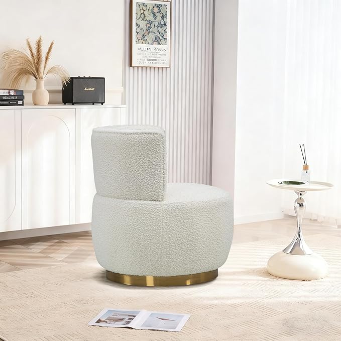360 Degree Swivel Accent Chair Comfy Round Swivel Barrel Chair with Mental Base Upholstered Cozy Reading Armchairs Modern Lounge Sofa Chairs for Living Room Bedroom Club Office(Teddy Cream)