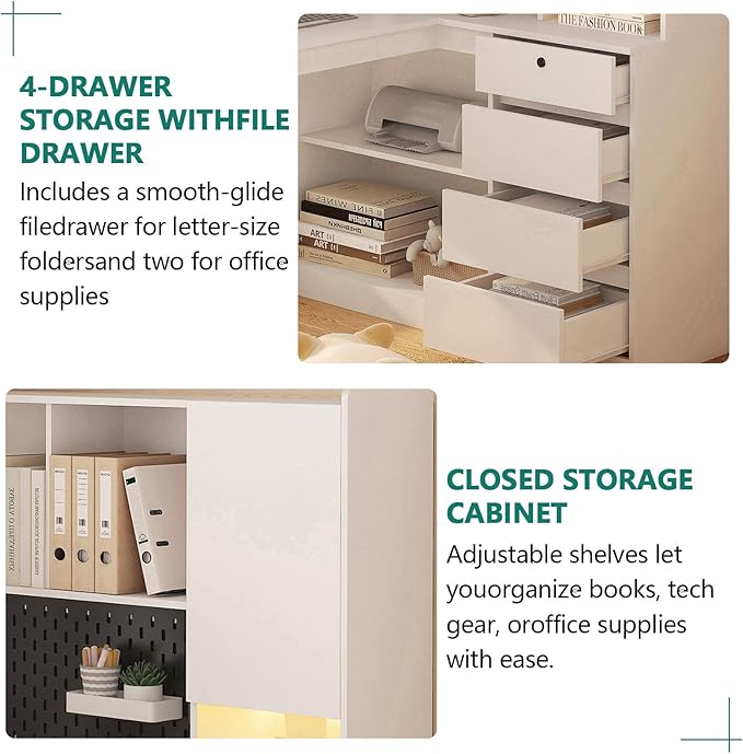 Anwick L Shaped Desk with Hutch Corner Computer Desk with Charging Station &amp Bookshelf &amp File Drawer Standing L Shape Desks for Home Office Bedroom Gaming Room Study Room (White-2)