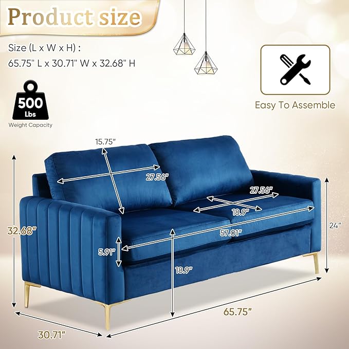 Small Couch for Bedroom 65 Mid Century Modern Loveseat Sofa Love Seat Living Room Comfy Channel Tufted Velvet Upholstered 2 Seater Sectional Couches for Small Space Office Apartment (Navy Blue)