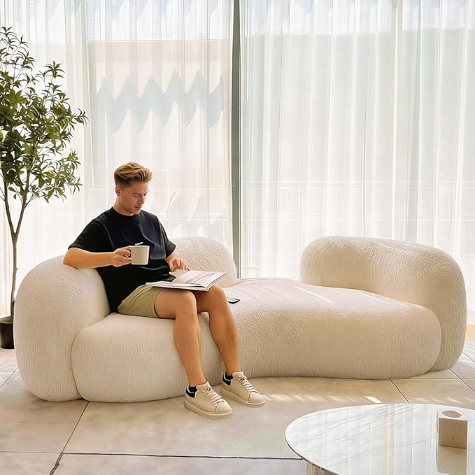 French Cream Style Curved Fabric Sofa Fashion Store Rest Area Beauty Salon Reception and Negotiation Internet Celebrity Style Modern Fashion (White 94.5)