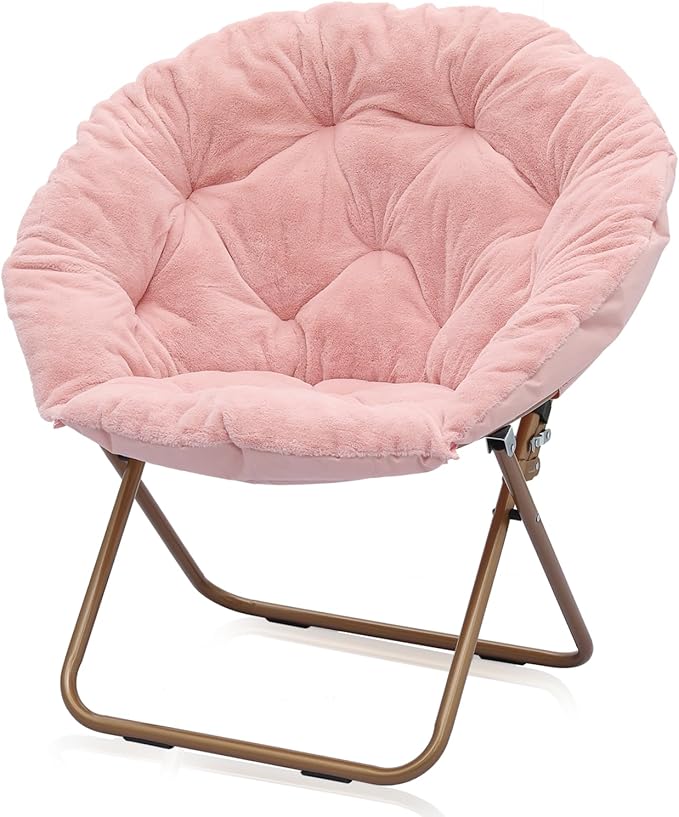 Round Saucer Chair for Teens and Adults Faux Fur Folding Living Room Cozy Moon Chair (Light Pink)
