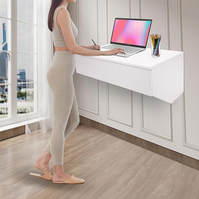LYNICESHOP Wall Mounted Desk with Drawer 28.4x19.2in Floating Desk 110lbs Capacity Space Saving White Writing Desk for Small Spaces Home Office