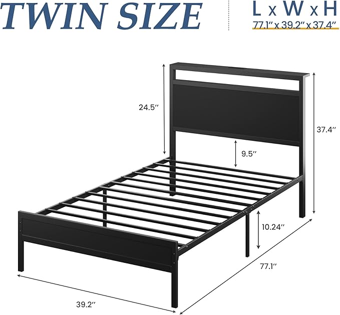 Twin Bed Frame with Headboard &amp Footboard Twin Bed Frame with Charging Station &amp LED Light Under-Bed-Storage No Box Spring Needed Noise Free Easy Assembly Classic Black